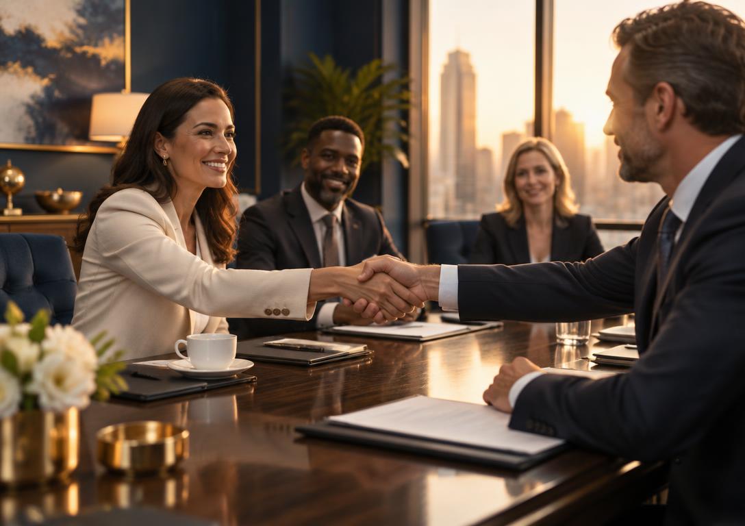 Two professionals shaking hands across a sunlit boardroom table